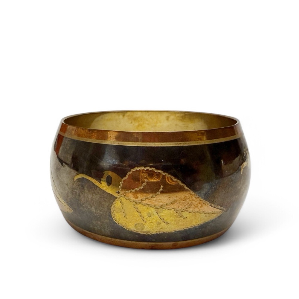Vintage Brass Copper Tricolor Metal Etched Leaf Motif Wide Bangle Bracelet India